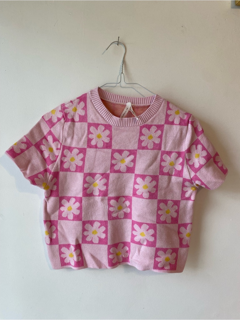 Dreamers Pink Daisy Checker Knit Short Sleeve Top